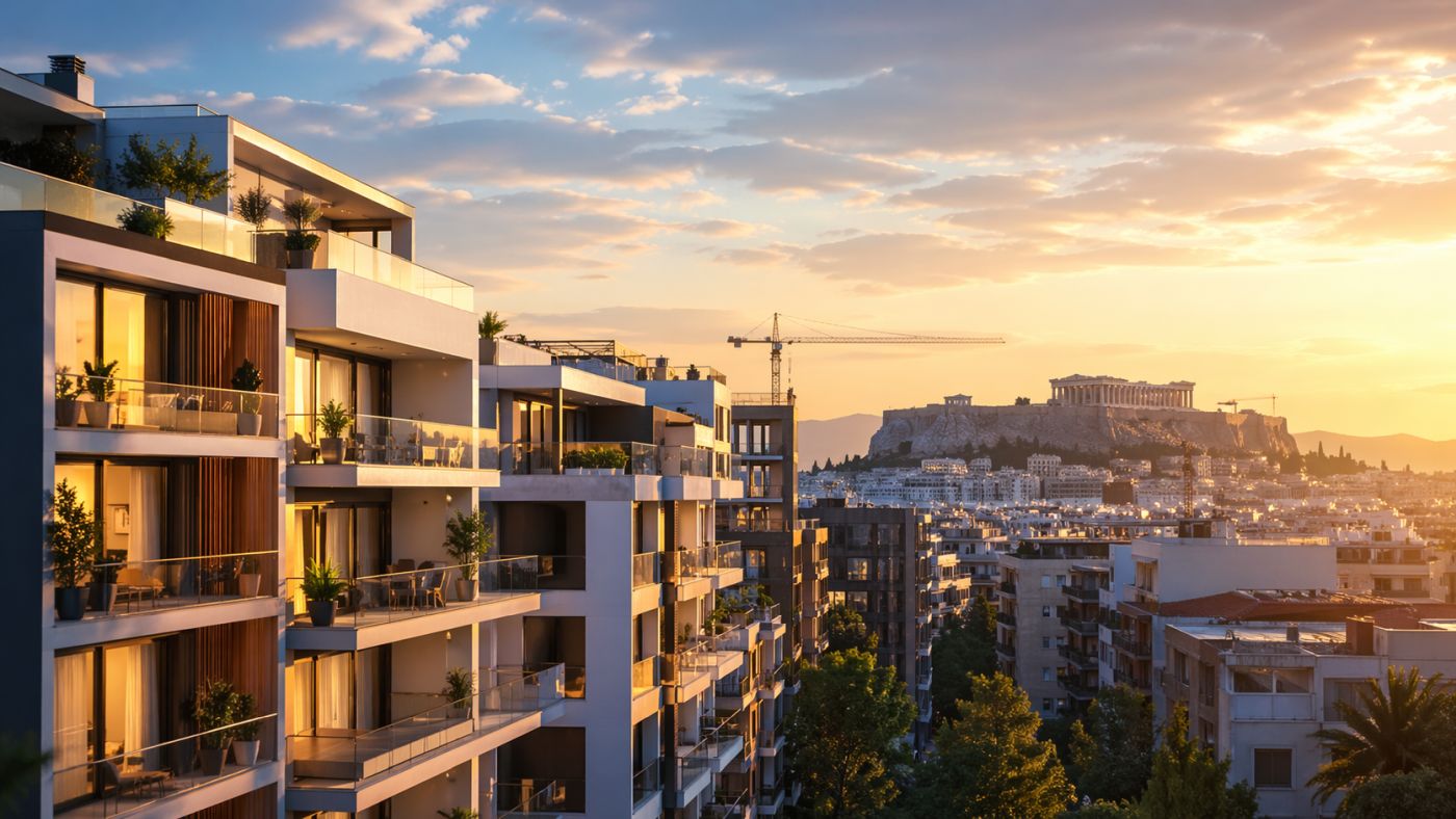 Σύγχρονα πολυτελή διαμερίσματα στην Αθήνα την ώρα του ηλιοβασιλέματος με πανοραμική θέα στην Ακρόπολη και το αστικό τοπίο