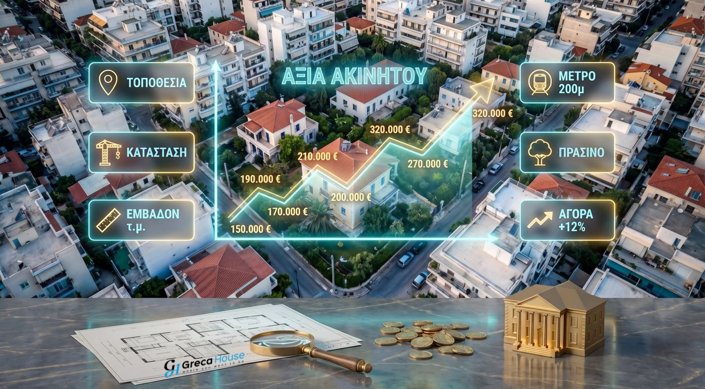 Αεροφωτογραφία αστικής κατοικημένης περιοχής με γραφικά που δείχνουν τους βασικούς παράγοντες διαμόρφωσης της αξίας ακινήτου, όπως τοποθεσία, κατάσταση, εμβαδόν, απόσταση από μετρό, πράσινο και άνοδο της αγοράς.