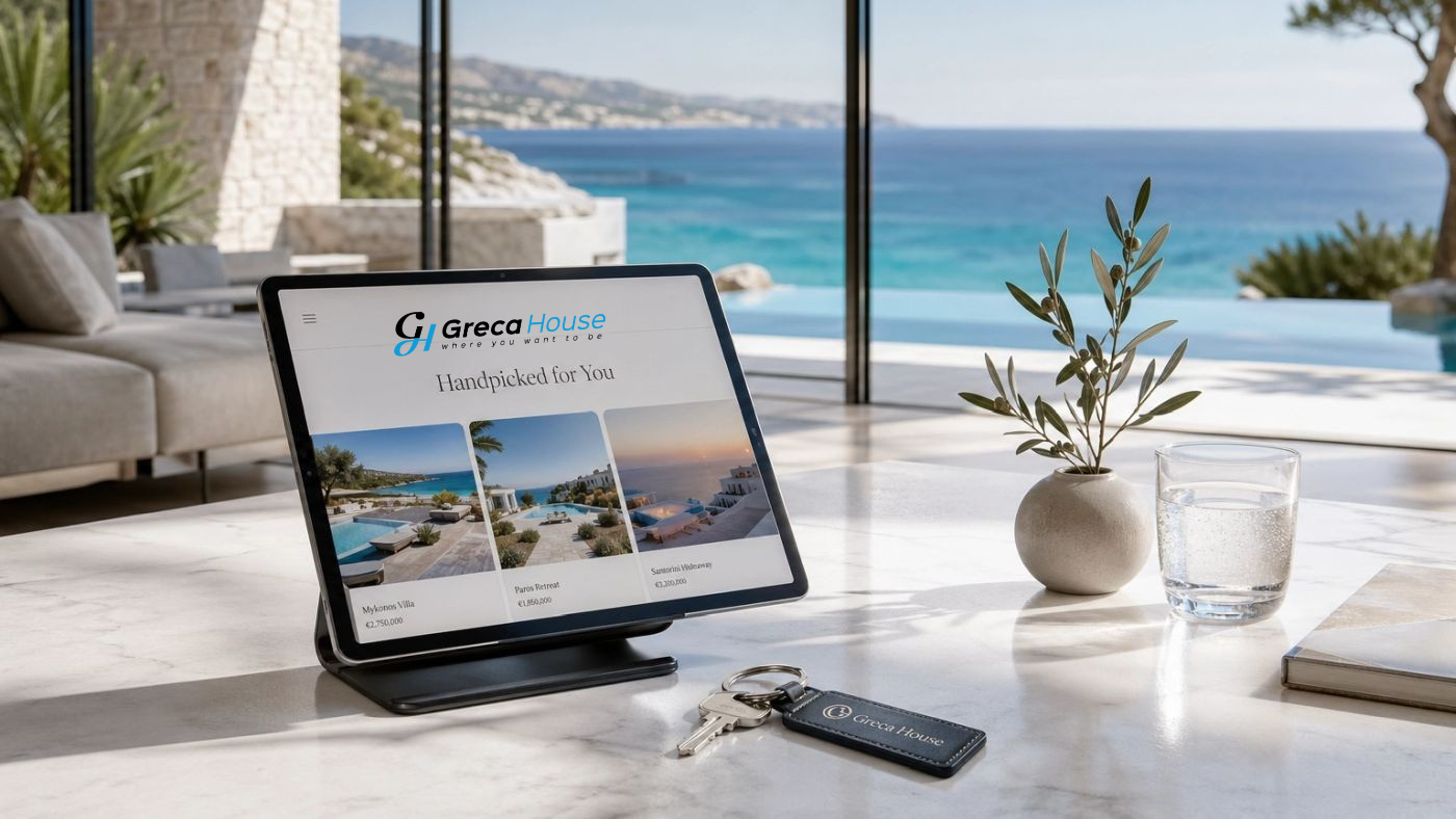 Tablet με την ιστοσελίδα της Greca House σε πολυτελές παραθαλάσσιο ακίνητο, με θέα στη θάλασσα, πισίνα infinity και κλειδιά ακινήτου.