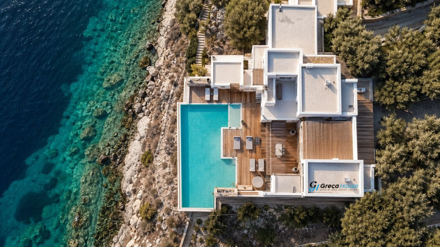 Αεροφωτογραφία πολυτελούς παραθαλάσσιας βίλας στην Ελλάδα με πισίνα infinity, μοντέρνα αρχιτεκτονική και άμεση πρόσβαση στη θάλασσα.