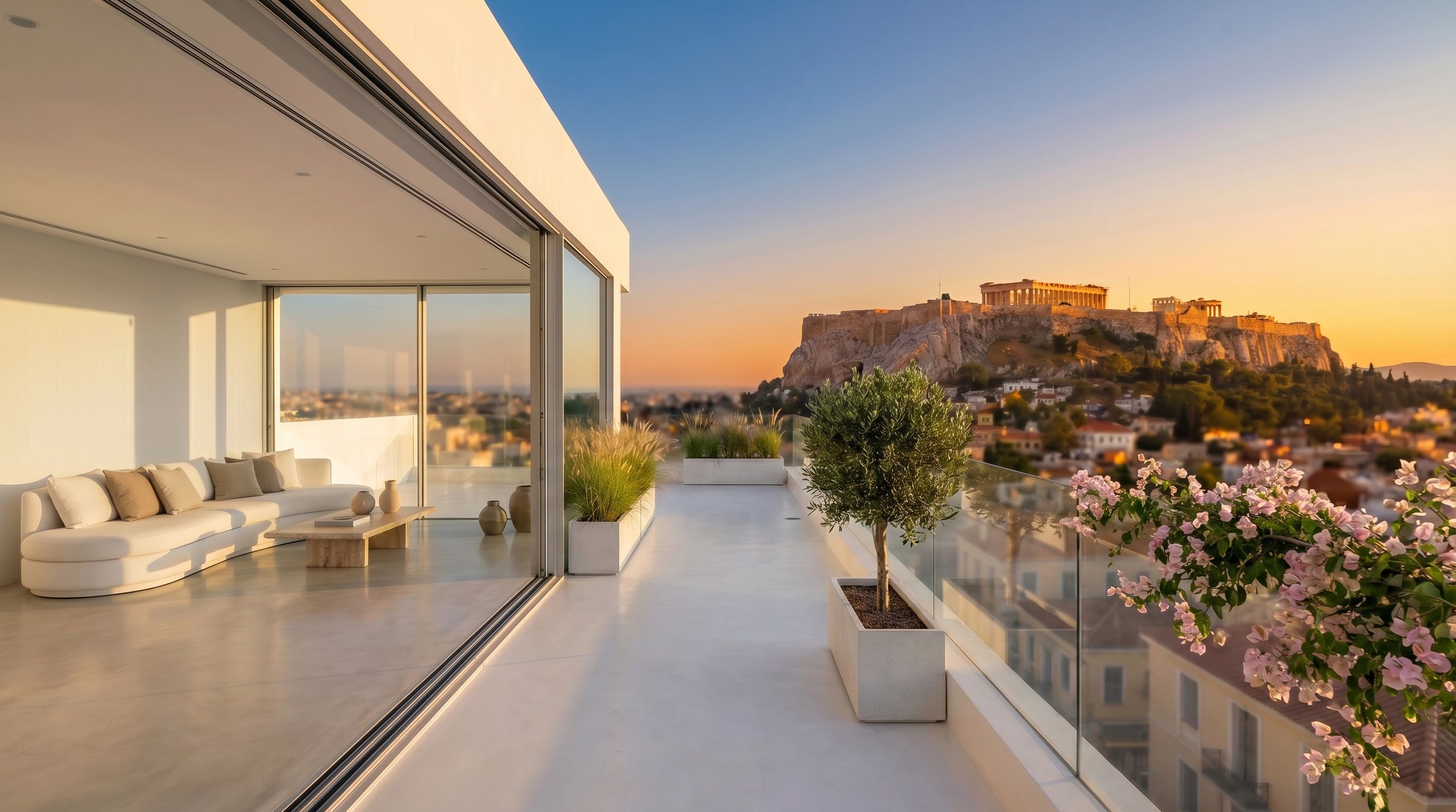 Πολυτελές μοντέρνο διαμέρισμα Airbnb στην Αθήνα με μεγάλη βεράντα, γυάλινα κάγκελα και εντυπωσιακή θέα στην Ακρόπολη στο ηλιοβασίλεμα.