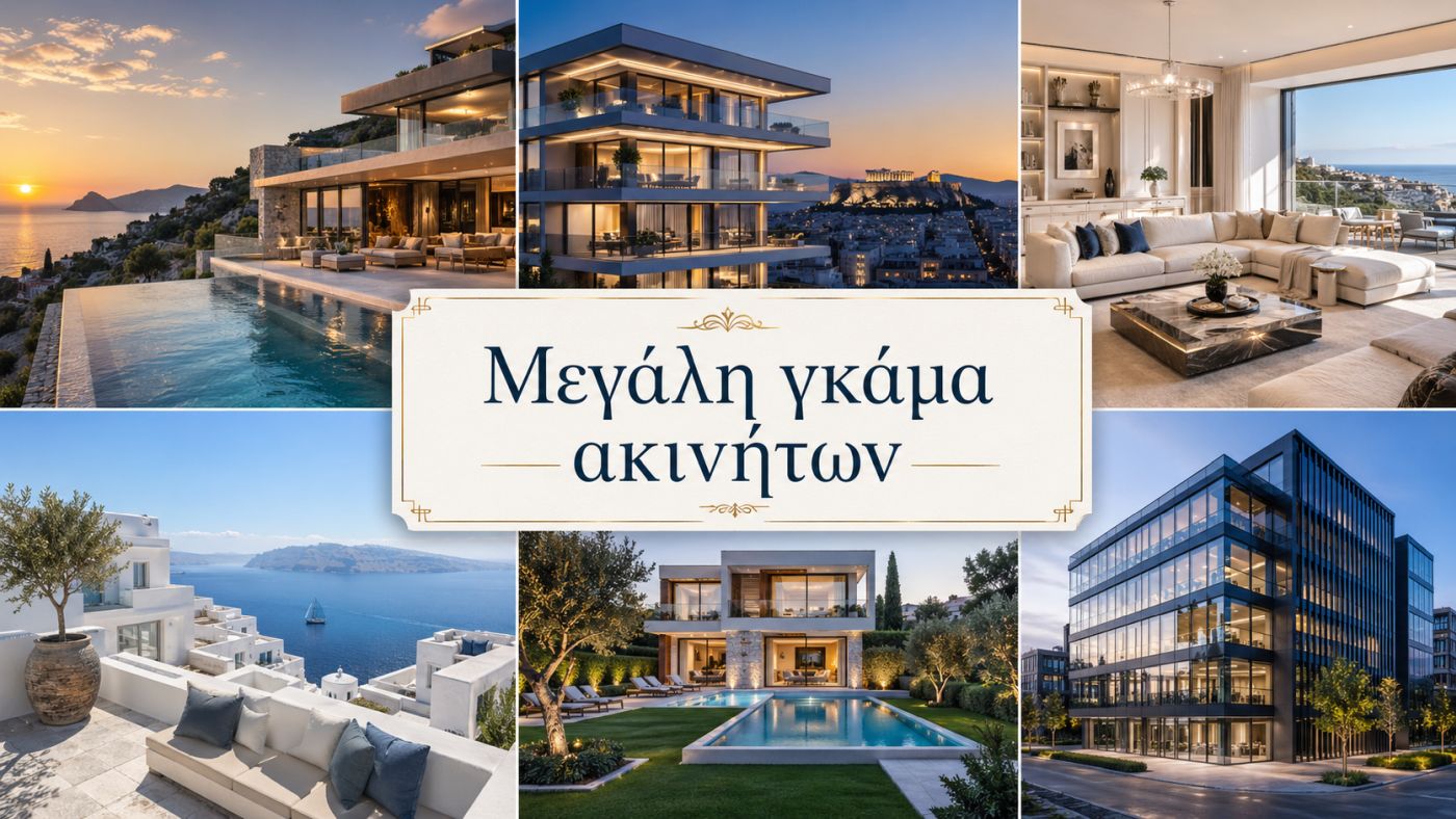 Κολάζ πολυτελών ακινήτων στην Ελλάδα με βίλες, διαμερίσματα, παραθαλάσσιες κατοικίες και επαγγελματικά ακίνητα από τη Greca House.